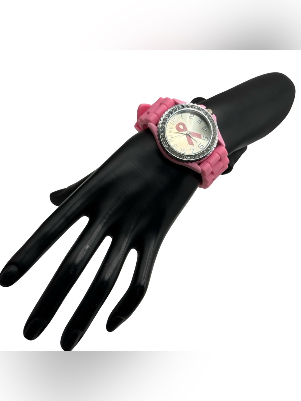 Geneva Breast Cancer Awareness Pink Ribbon Watch Crystal Bezel Silicone Band